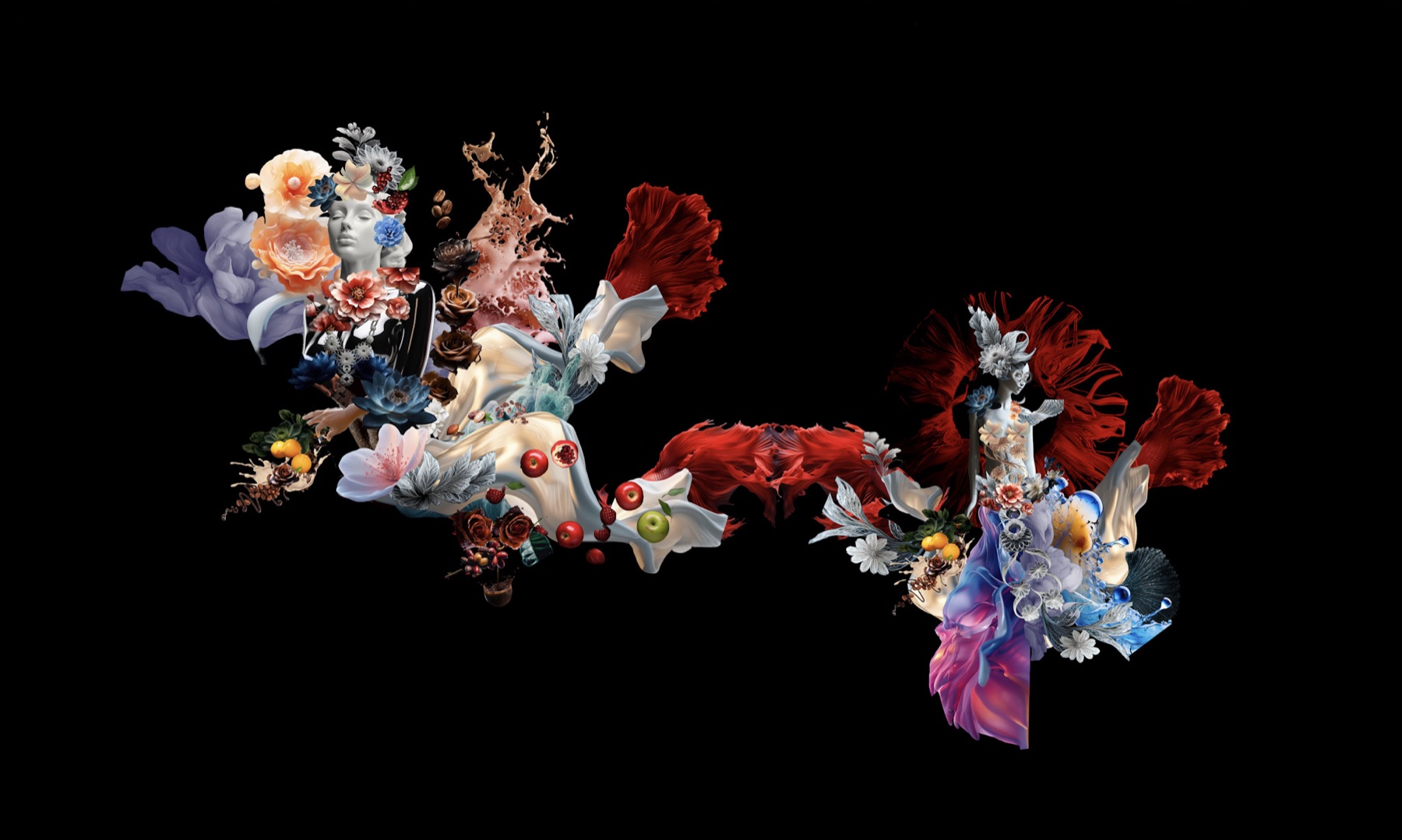 Floral and sculptural collage forms suspended on black