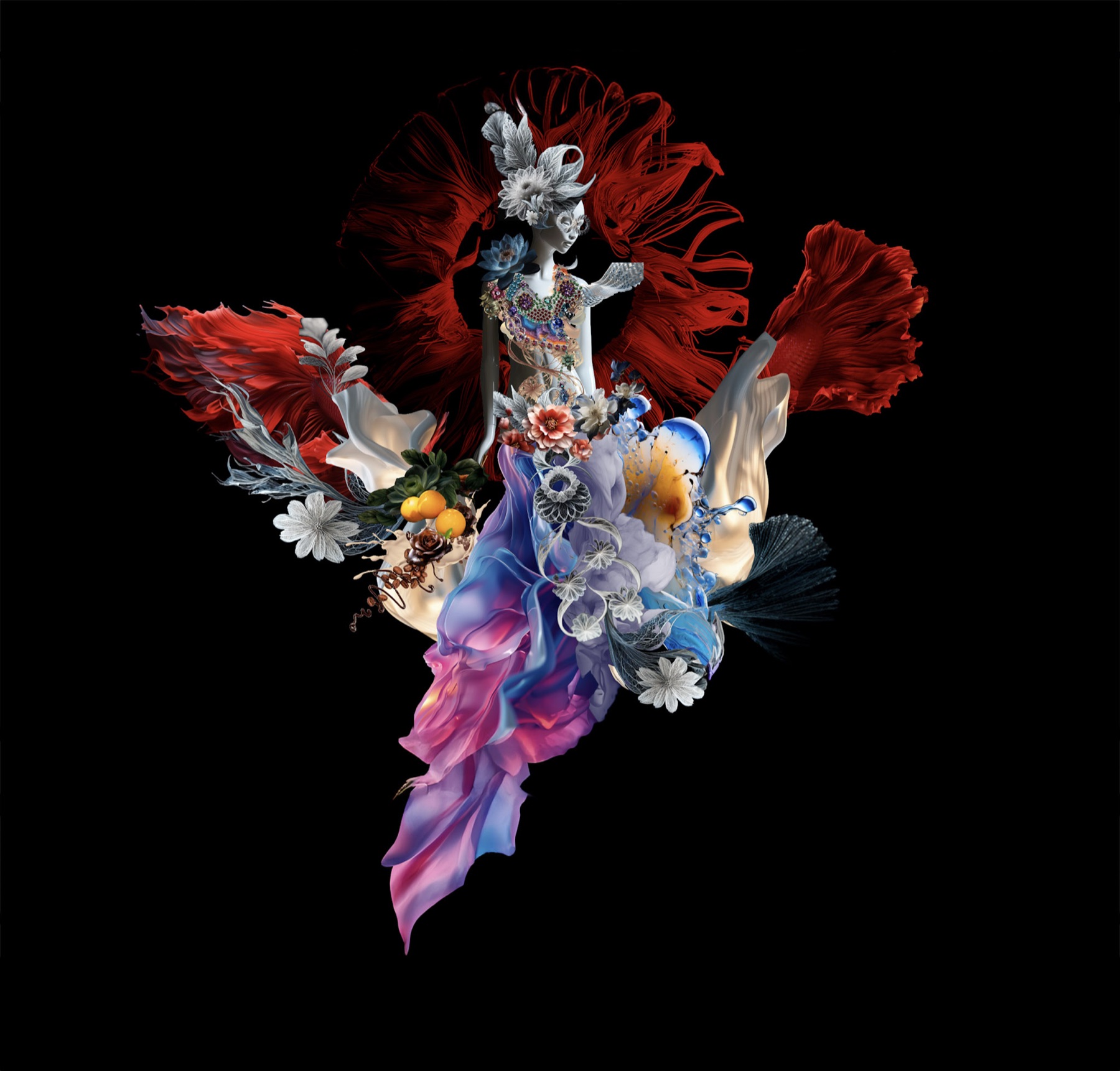 Collage of a figure dressed in cascading fabric, betta-fish fins and flowers