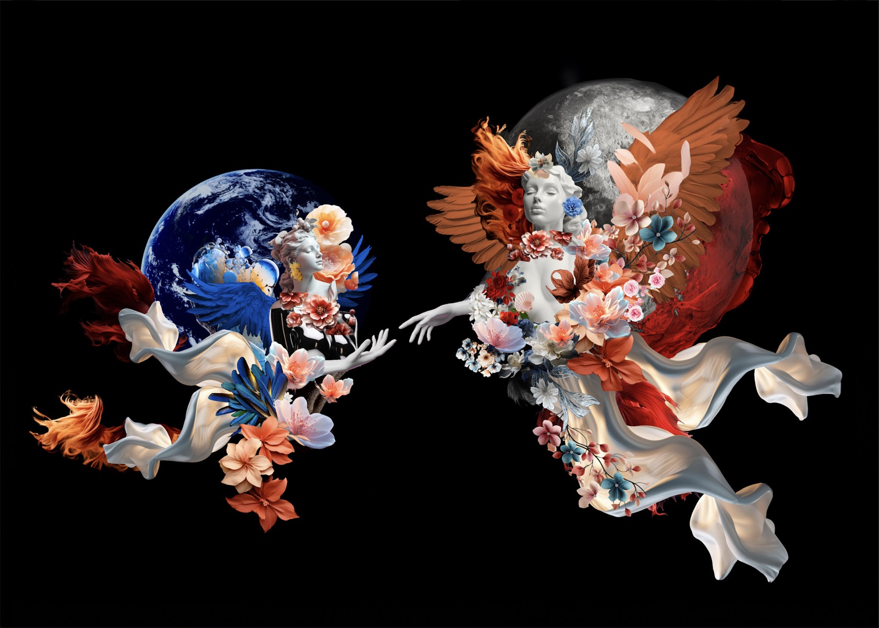 Two collage figures reaching toward one another between two planets