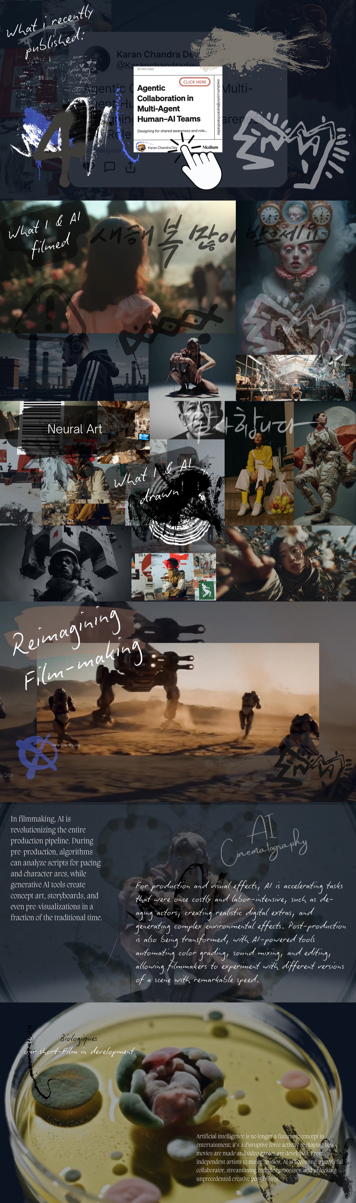 K28 exhibits page — grid of cinematic frames and handwritten notes