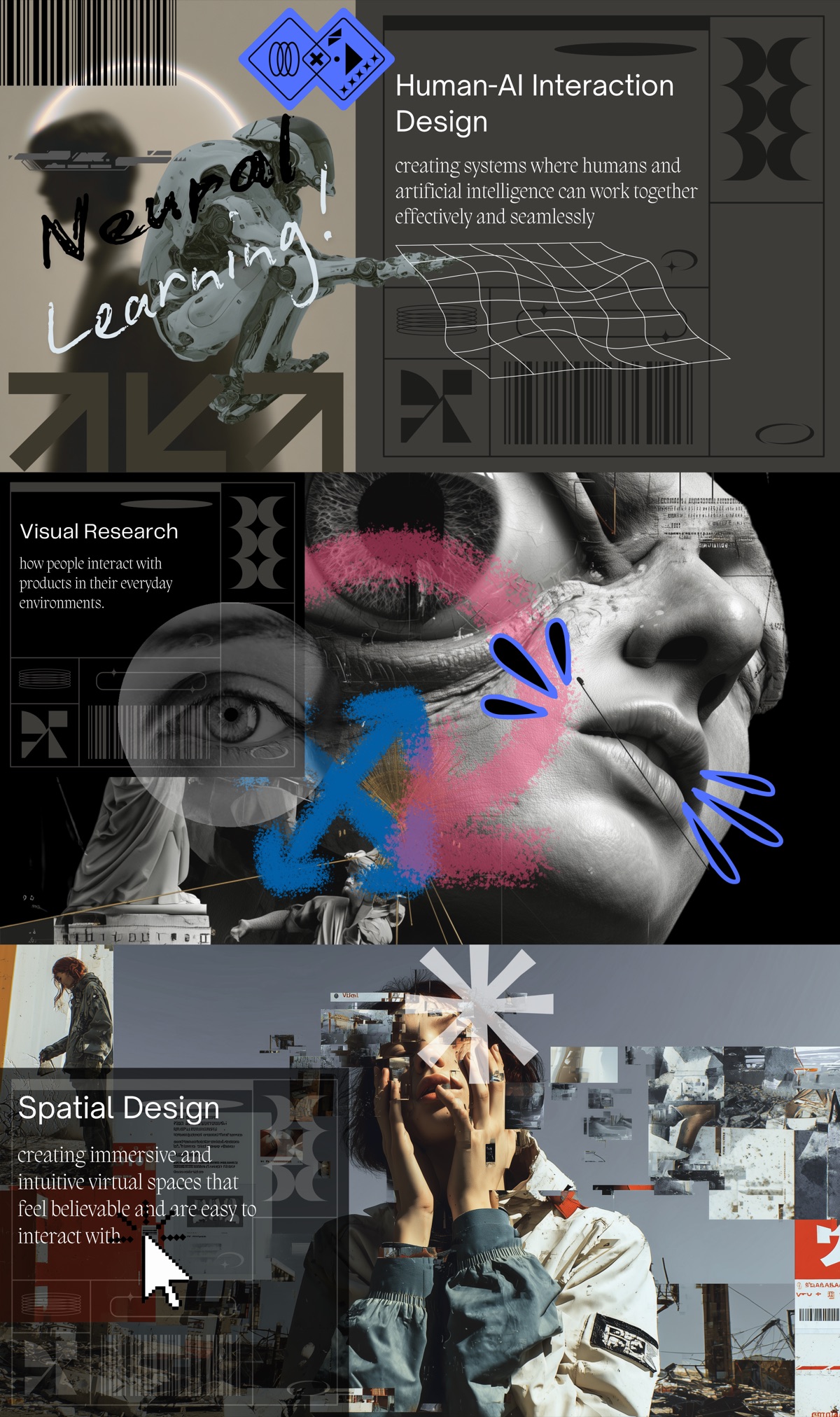 K28 research page — visual research collage with face and eye motifs