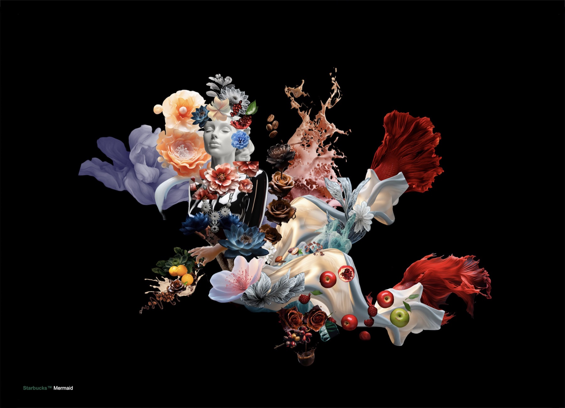 Starbucks Mermaid — classical face, flowers and liquid splashes on black