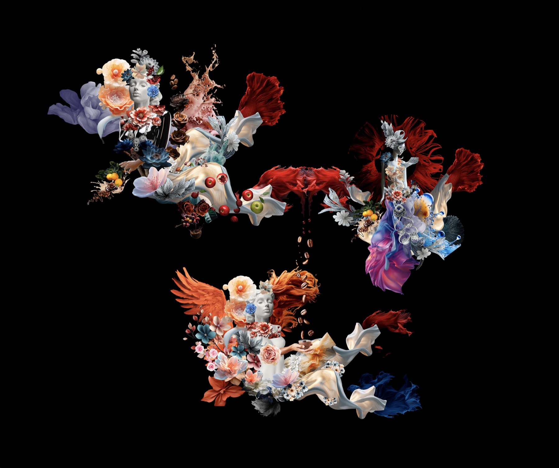 Three floating collage figures composed of flowers, fins and fabric