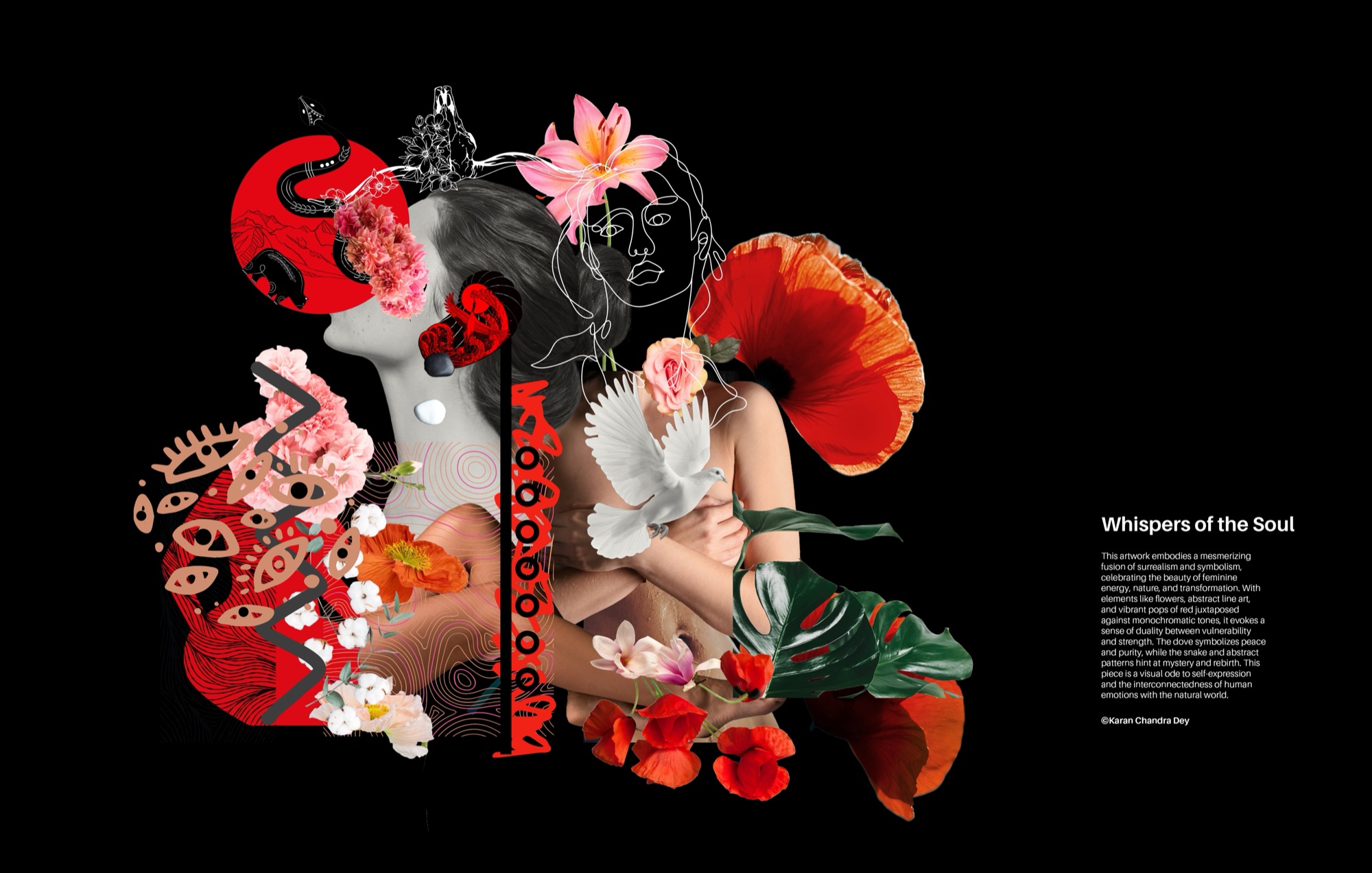 Whispers of the Soul — classical bust, doves and red blooms in surreal collage